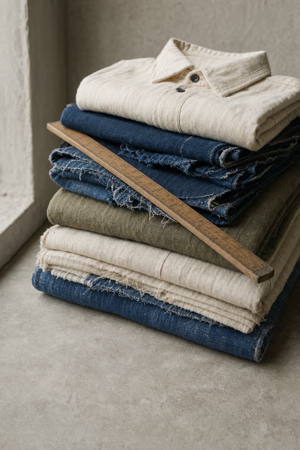 Folded garments in undyed cotton and reworked denim stacked on a studio table