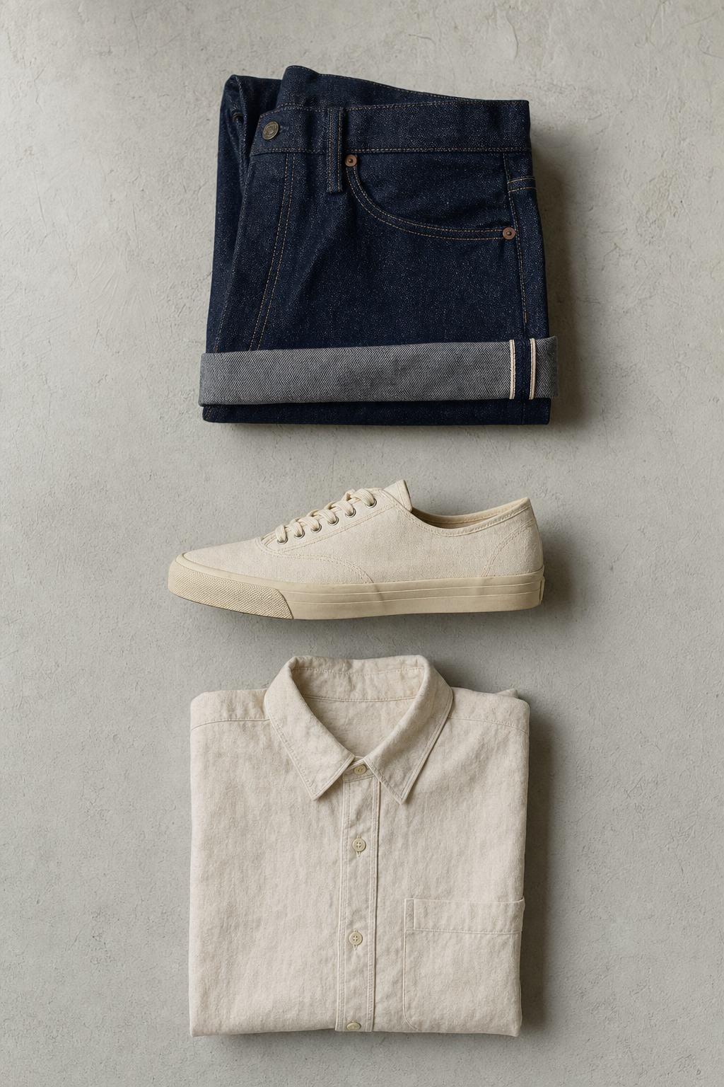 Folded raw denim jeans, a hemp sneaker and an undyed cotton shirt on a plain surface