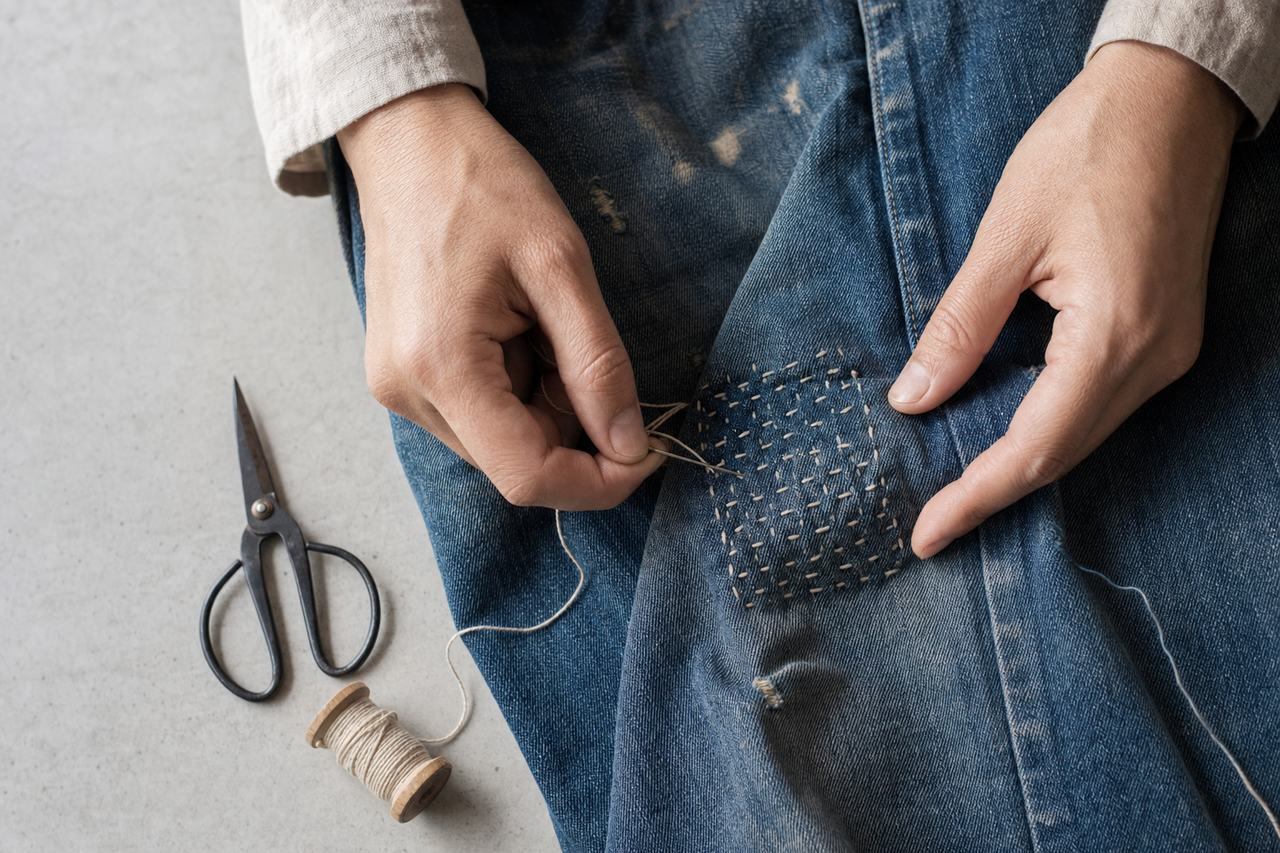 Hands stitching a visible repair into worn indigo denim on a workbench