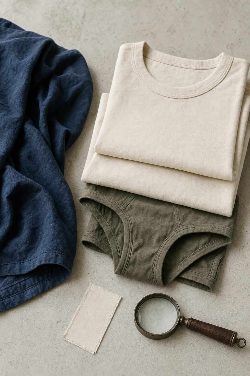 Folded undyed cotton basics beside a composition label showing fibre percentages